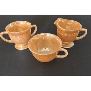 Lot Of 3 Vintage Fire King Oven Ware Peach Luster Creamer Sugar Coffee Cup